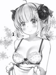  1girl ahoge animal_ears blush bow bow_bra bra closed_mouth curled_horns frilled_bra frills greyscale hair_ornament hairclip highres holding hololive horns medium_hair monochrome musical_note nanashi_(nlo) sheep_ears sheep_horns smile solo tsunomaki_watame underwear underwear_only upper_body 