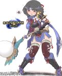  1girl armor black_hair breasts gloves hammer headband highres japanese_clothes kamura_(armor) large_breasts monster_hunter_(series) monster_hunter_rise pauldrons short_hair shoulder_armor simple_background thigh-highs weapon yazawa_owl 