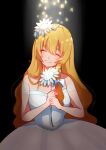  1girl bangs black_background blonde_hair bow breasts closed_eyes dress flower hair_between_eyes hair_flower hair_ornament hands_together hands_up highres himari-san_yanaika kirisame_marisa light long_dress long_hair simple_background smile teeth touhou white_bow white_dress white_flower 