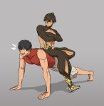  +++ 2boys abs ahoge arash_(fate) baggy_pants bare_arms bare_shoulders barefoot black_hair brown_hair chimoon closed_eyes clothing_cutout commentary_request copyright_request crossed_arms crossed_legs dark_skin dark_skinned_male earrings exercise fate_(series) full_body grey_background hair_between_eyes jewelry laughing looking_at_another male_focus multiple_boys open_mouth ozymandias_(fate) pants pectorals push-ups red_shirt sandals shadow shirt short_hair shorts shrug_(clothing) simple_background sitting sitting_on_person sleeveless smile symbol_commentary toned toned_male white_shorts yellow_eyes 