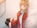  1girl animal_ear_fluff animal_ears bangs black_legwear blonde_hair blush commentary commission cosplay futon grayfox indoors jewelry long_hair long_sleeves looking_at_viewer original red_eyes red_skirt ring scarf sidelocks skirt smile solo thigh-highs white_scarf 