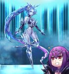  2girls absurdly_long_hair absurdres bare_shoulders blue_eyes blue_hair blue_skin breasts chibi chibi_inset circlet colored_skin elbow_gloves elemental_(creature) english_commentary eyebrows_visible_through_hair fate/grand_order fate_(series) forehead_jewel fujimaru_ritsuka_(male) genderswap genderswap_(mtf) glacies_(monster_girl_encyclopedia) gloves highres ibenz009 ice long_hair monster_girl_encyclopedia multiple_girls navel no_feet ponytail purple_hair red_eyes scathach_(fate) scathach_skadi_(fate) small_breasts snowflakes transformation very_long_hair wand 