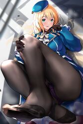  1girl atago_(kancolle) bangs beret black_gloves black_legwear blonde_hair blue_headwear blush breasts commentary_request feet fur_collar gloves green_eyes hat highres kantai_collection large_breasts legs long_hair long_sleeves looking_at_viewer military military_uniform nonohachi open_mouth pantyhose revision smile uniform 