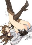  1girl :d boots bound bound_arms brown_footwear brown_hair double_bun feet_out_of_frame from_side grey_eyes hairband hands_up high_heel_boots high_heels highres kantai_collection kongou_(kancolle) long_hair lying on_back open_mouth ruukii_drift simple_background smile solo sweat thigh-highs thigh_boots upper_teeth white_background wide-eyed 