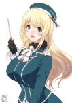  1girl ascot atago_(kancolle) beret black_gloves blonde_hair blue_headwear blush breasts cowboy_shot dated eyebrows_visible_through_hair frilled_sleeves frills fur_collar gloves green_eyes hair_between_eyes hat kantai_collection large_breasts long_hair long_sleeves looking_at_viewer military military_uniform owa_(ishtail) pointer shirt signature simple_background skirt smile uniform white_background white_neckwear white_shirt 