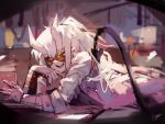 1girl absurdres bangs dokuro_deluxe glasses helltaker high_ponytail highres horns labcoat laboratory long_hair looking_at_viewer loremaster_(helltaker) lying mechanical_arms on_stomach ponytail red-tinted_eyewear red_eyes sketch sleeves_pushed_up smile solo tail very_long_hair white_hair white_horns