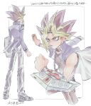  1boy blonde_hair card chain clenched_hand commentary_request duel_disk highres holding holding_card jacket long_sleeves lower_teeth male_focus morijio_(pnpn_no_mm) multicolored_hair multiple_views open_mouth pants shoes spiky_hair standing tongue translation_request yami_yuugi yu-gi-oh! 