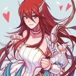  1girl alternate_costume bangs blue_background blue_ribbon bow_(weapon) bride bride_(fire_emblem) choker closed_mouth collarbone commentary cordelia_(bridal)_(fire_emblem) cordelia_(fire_emblem) detached_sleeves dress english_commentary faithom fingernails fire_emblem fire_emblem_awakening fire_emblem_heroes hair_between_eyes hair_ornament heart holding holding_bow_(weapon) holding_weapon lips long_hair looking_at_viewer official_alternate_costume pink_lips red_eyes redhead ribbon simple_background sleeveless sleeveless_dress smile solo strapless strapless_dress very_long_hair weapon wedding_dress white_choker white_dress white_sleeves wing_hair_ornament 