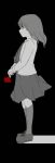  1girl bangs black_background eyebrows_visible_through_hair flower from_side full_body highres holding holding_flower kneehighs kuro_kosyou long_hair long_sleeves monochrome original pleated_skirt profile red_eyes red_flower red_rose rose shirt shoes skirt solo spot_color standing 