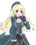  1girl atago_(kancolle) bangs beret black_gloves black_legwear blonde_hair blue_eyes blue_headwear blush breasts eyebrows_visible_through_hair frills gloves hat highres kantai_collection large_breasts long_hair long_sleeves military military_uniform momosio2f one-hour_drawing_challenge open_mouth pantyhose simple_background solo uniform white_background 