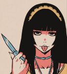  1girl akairiot bangs black_hair blunt_bangs choker hand_up highres holding holding_knife jewelry knife long_hair looking_at_viewer necklace original piercing portrait red_eyes ring shadow simple_background solo tan_background tongue tongue_out tongue_piercing 