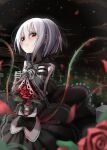  159cm 1girl black_bow black_neckwear black_skirt blurry blurry_foreground blush bow bowtie depth_of_field flower gloria_(159cm) hair_between_eyes hands_up highres latin_cross medium_hair monster_girl original red_eyes red_flower red_rose rose skeleton skirt solo tombstone white_hair 