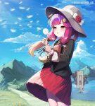  1girl :o alternate_costume bangs black_jacket blonde_hair blowing blush clouds dandelion dandelion_seed day flower gradient_hair hair_ornament hair_ribbon hat highres holding jacket kantai_collection long_hair low_twintails mole mole_under_eye mountain multicolored_hair orange_hair outdoors pink_hair purple_hair red_flower red_rose red_skirt ribbon rose skirt sky solo tsushima_(kancolle) twintails twitter_username unidentified_nk water yellow_flower 