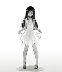  1girl expressionless greyscale highres holding holding_clothes holding_skirt ishiyumi long_hair mechanical_buddy_universe monochrome science_fiction sepia skirt solo translucent 