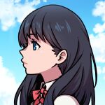  1girl akairiot black_hair blue_eyes blue_sky bow bowtie clouds cloudy_sky commission expressionless gridman_universe long_hair portrait profile red_bow red_neckwear shirt sky solo ssss.gridman takarada_rikka white_shirt 