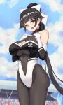  1girl azur_lane black_hair black_legwear blue_sky blurry bodystocking breasts brown_eyes chinese_commentary cleavage_cutout clothing_cutout clouds commentary_request cowboy_shot day depth_of_field hair_flaps highleg highleg_leotard highres large_breasts leotard logo long_hair looking_at_viewer outdoors pantyhose ponytail racequeen ribbon ruan_weidao sky solo takao_(azur_lane) takao_(full_throttle_charmer)_(azur_lane) two-tone_leotard white_ribbon 