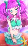 1girl alternate_hairstyle blue_eyes blush breasts commentary_request fins head_fins highres laura_la_mer long_hair looking_at_viewer medium_breasts mermaid midriff monster_girl navel pink_hair precure sitting solo thick_eyebrows tropical-rouge!_precure twintails twitter_username uta_(yagashiro25)