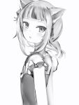  1girl animal_ears cat_ears flat_chest from_side gawr_gura greyscale highres hololive hololive_english looking_at_viewer looking_to_the_side medium_hair monochrome nanashi_(nlo) parted_lips short_sleeves simple_background solo upper_body white_background 