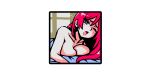  1girl akairiot bare_shoulders bed_sheet blue_eyes blush border breasts highres long_hair medium_breasts nude one_eye_closed open_mouth original redhead solo upper_body white_border window 