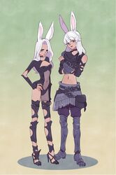  1boy 1girl animal_ears armor covered_navel crop_top crossed_arms final_fantasy final_fantasy_xiv greaves hand_on_hip highres looking_at_viewer midriff pelvic_curtain pk_yumyou rabbit_ears silver_hair standing viera 