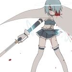  1girl belt blood blood_drop blood_on_face blood_stain blood_trail bloody_clothes bloody_hair blue_belt blue_eyes blue_hair blue_skirt breasts cape circle expressionless feet_out_of_frame floating_cape frills glowing hair_over_one_eye holding holding_sword holding_weapon legs_apart looking_at_viewer magic mahou_shoujo_madoka_magica miki_sayaka muted_color no_mouth no_nose outstretched_arm pleated_skirt short_hair simple_background skirt small_breasts solo standing strapless sword thigh-highs weapon white_background white_cape white_legwear yuri7s0 zettai_ryouiki 