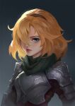  1girl armor blonde_hair blue_eyes breastplate brown_hairband character_request closed_mouth eyelashes gradient gradient_background green_scarf grey_background guardian_tales hair_over_one_eye hairband lips looking_at_viewer medium_hair nose scarf shoulder_armor solo upper_body wifc 