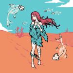  1girl akairiot bandages bare_shoulders barefoot blue_sky clouds cloudy_sky desert fish_skeleton halftone hands_up highres limited_palette long_hair original profile redhead sand sky solo surreal wind 