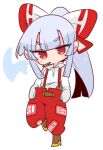 1girl bangs bow collared_shirt eyebrows_visible_through_hair fujiwara_no_mokou full_body grey_hair hair_bow hands_in_pockets long_sleeves looking_at_viewer ofuda ofuda_on_clothes op_na_yarou pants ponytail red_eyes red_pants shirt simple_background smoking solo standing standing_on_one_leg suspenders touhou v-shaped_eyebrows white_background white_shirt yellow_footwear 