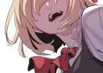  1girl absurdres black_vest blonde_hair commentary_request head_out_of_frame highres kawayabug open_mouth red_neckwear rumia sharp_teeth shirt short_hair simple_background solo teeth touhou vest white_background white_shirt 