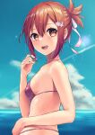  1girl :d bangs bikini blue_background blue_sky breasts brown_eyes clouds commentary_request condensation_trail day dripping eyebrows_visible_through_hair flower from_side hair_between_eyes hair_ornament hair_ribbon hairclip hand_up happy highres horizon lens_flare looking_at_viewer looking_to_the_side nazuna_(nazuna_a2) nogi_wakaba_wa_yuusha_de_aru ocean open_mouth pink_bikini pink_flower print_bikini redhead ribbon shiny shiny_hair short_hair short_ponytail sideboob sidelocks simple_background sky small_breasts smile solo sparkle swimsuit takashima_yuuna upper_teeth water_drop wet wet_hair white_ribbon yuusha_de_aru 