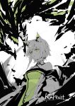  1girl absurdres animal_ear_fluff animal_ears areaaaron arknights bare_shoulders belt_collar breasts character_name collar criss-cross_halter green_theme halterneck highres kal&#039;tsit_(arknights) looking_at_viewer medium_breasts medium_hair monochrome off-shoulder_jacket parted_lips solo upper_body 