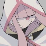  1girl bangs black_outline blunt_bangs chain cloak close-up closed_mouth dutch_angle expressionless face floating_hair grey_background hair_over_one_eye hood hood_up looking_at_viewer magia_record:_mahou_shoujo_madoka_magica_gaiden mahou_shoujo_madoka_magica muted_color no_nose outline pink_eyes pink_hair shade sidelocks simple_background solo soul_gem tamaki_iroha tsurime upper_body white_cloak yuri7s0 