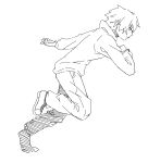  1boy bangs closed_mouth eyebrows_visible_through_hair from_side full_body greyscale highres kuro_kosyou long_sleeves looking_away male_focus monochrome original pants profile running shirt shoes simple_background solo white_background 