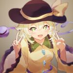  1girl :d bangs black_headwear blurry blurry_background brown_background double_v eyebrows_visible_through_hair green_eyes green_hair hair_between_eyes hat hat_ribbon heart heart_of_string highres komeiji_koishi long_sleeves looking_at_viewer open_mouth ribbon shirt short_hair simple_background smile solo tamiku_(shisyamo609) touhou v wide_sleeves yellow_ribbon yellow_shirt 