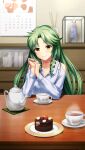  1girl bangs blue_shirt cake clothing_cutout collarbone cup doukyuusei doukyuusei_another_world dress_shirt drill_hair eyebrows_visible_through_hair food game_cg green_hair hair_intakes indoors long_hair long_sleeves looking_at_viewer official_art ribbon sakuma_chiharu shiny shiny_hair shirt shoulder_cutout sitting solo table teacup teapot upper_body very_long_hair white_ribbon yellow_eyes 