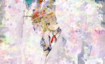  1girl abstract anabone bangs behind_cover blonde_hair brush_strokes closed_mouth collared_shirt elbow_gloves expressionless gloves hat hat_ribbon kana_anaberal neck_ribbon puffy_short_sleeves puffy_sleeves red_neckwear ribbon shirt short_hair short_sleeves solo touhou upper_body white_gloves yellow_eyes 