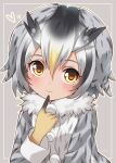  1girl animal_ears bangs blonde_hair brown_eyes closed_mouth coat commentary_request fur_collar gloves gradient_hair grey_background grey_coat grey_hair hair_between_eyes hand_up heart highres index_finger_raised kemono_friends light_blush long_sleeves looking_at_viewer multicolored_hair northern_white-faced_owl_(kemono_friends) outline owl_ears short_hair signature solo upper_body usagi_koushaku wavy_mouth yellow_gloves 