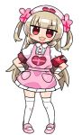  &gt;_&lt; 1girl :d apron armband bandaged_arm bandages bangs blush_stickers bunny_hair_ornament collared_shirt eyebrows_visible_through_hair fang full_body hair_ornament hands_on_hips hat heart kanikama light_brown_hair long_hair natori_sana nurse_cap open_mouth pink_apron pink_footwear pink_headwear pleated_skirt puffy_short_sleeves puffy_sleeves red_eyes safety_pin sana_channel shirt shoes short_sleeves simple_background skirt smile solo standing thigh-highs two_side_up v-shaped_eyebrows very_long_hair virtual_youtuber white_background white_legwear white_shirt white_skirt 