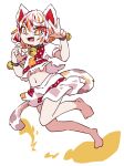  1girl animal_ears bell calico cat_ears cat_tail claw_pose goutokuji_mike lana151 leg_up midriff multicolored_hair neck_bell open_mouth orange_eyes patches shirt shorts tail touhou w white_background white_shirt white_shorts 
