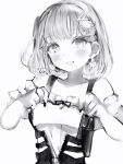  1girl bare_shoulders blush corset earrings greyscale gun hair_ornament hairclip handgun hands_up head_tilt heart heart_earrings highres hololive hololive_english holster jewelry looking_at_viewer medium_hair monochrome nanashi_(nlo) pistol ribbon simple_background smile solo watson_amelia weapon white_background 