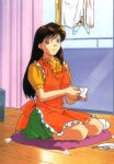  1990s_(style) 1girl apron brown_eyes brown_hair cup day highres holding holding_cup indoors kurihara_mari long_hair looking_at_viewer official_art retro_artstyle saucer scan short_sleeves sitting smile solo spoon super_real_mahjong tanaka_ryou teacup wooden_floor yokozuwari 