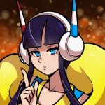  1girl akairiot bangs black_hair blue_eyes blunt_bangs commission elesa_(pokemon) headphones long_hair looking_at_viewer parted_lips pokemon pokemon_(game) pokemon_bw pokemon_bw2 portrait red_nails shadow solo 