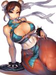  1girl bare_shoulders bikini blue_bikini brown_hair chun-li covered_nipples curvy double_bun fumio_(rsqkr) highres looking_at_viewer pantyhose parted_lips short_hair solo spiked_gauntlets street_fighter swimsuit thick_thighs thighs 