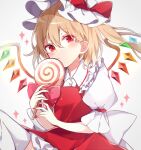  +_+ 1girl bangs blonde_hair bow candy closed_mouth crystal dress eyebrows_visible_through_hair flandre_scarlet food hair_between_eyes hat hat_bow highres holding holding_food lollipop looking_at_viewer mob_cap puffy_short_sleeves puffy_sleeves red_bow red_dress red_eyes short_sleeves side_ponytail simple_background solo thigh-highs touhou white_background white_headwear white_legwear wings yurui_tuhu 