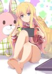  1girl absurdres ahoge bangs barefoot blonde_hair blurry blush closed_mouth commentary convenient_leg cushion depth_of_field feet full_body gabriel_dropout gabriel_tenma_white handheld_game_console hands_up highres holding holding_handheld_game_console jacket long_hair long_sleeves looking_at_viewer nintendo_switch no_pants red_jacket shadow shiny shiny_hair shiny_skin sitting soles solo star_(symbol) starry_background stuffed_animal stuffed_bunny stuffed_toy toes track_jacket turtleneck very_long_hair violet_eyes wata9mm_no white_background zipper_pull_tab 