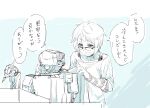  1girl blanket blue_theme commentary exocet freckles glasses highres holding holding_pen long_sleeves mechanical_buddy_universe monochrome nib_pen_(object) pen robot shirt short_hair short_over_long_sleeves short_sleeves t-shirt translated 