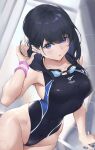  1girl bangs bare_shoulders black_hair black_swimsuit blue_eyes blush breasts collarbone competition_swimsuit gridman_universe highleg highleg_swimsuit highres large_breasts long_hair looking_at_viewer one-piece_swimsuit parfaitlate showering ssss.gridman swimsuit takarada_rikka 
