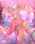  1girl :d artist_name bangs blonde_hair blush bow c01a_(cola) cat_hair_ornament cherry_blossoms dangan_ronpa_(series) dangan_ronpa_2:_goodbye_despair english_commentary green_bow hair_bow hair_ornament highres japanese_clothes kimono long_hair long_sleeves looking_at_viewer obi one_eye_closed open_mouth petals repost_notice saionji_hiyoko sandals sash smile solo tree twintails upper_teeth wide_sleeves 