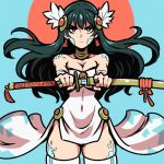  1girl akairiot aqua_background bangs bare_shoulders black_hair cowboy_shot dress earrings english_commentary floating_hair highres holding holding_sword holding_weapon jewelry long_hair looking_at_viewer original red_eyes ring scales serious shadow skindentation solo sword tassel tassel_earrings thigh-highs weapon white_dress 