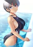  1girl ass bare_shoulders black_swimsuit blue_eyes blush breasts closed_mouth collarbone competition_swimsuit eyebrows_visible_through_hair fang grey_hair hair_between_eyes highres large_breasts looking_at_viewer one-piece_swimsuit pool short_hair smile solo swimsuit uzaki-chan_wa_asobitai! uzaki_hana wa_(genryusui) wading water wet 